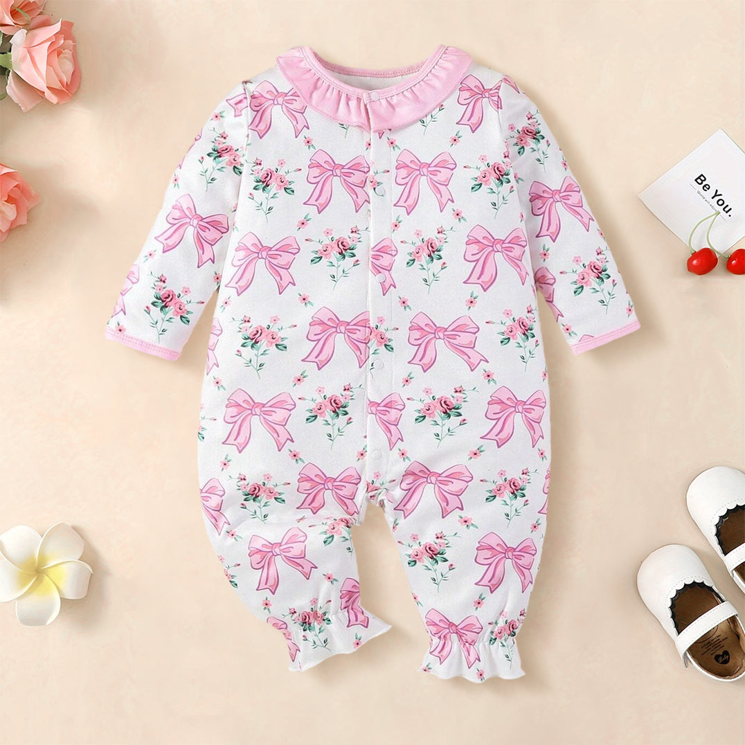 Sweet Floral and Bow Printed Long Sleeve Baby Jumpsuit