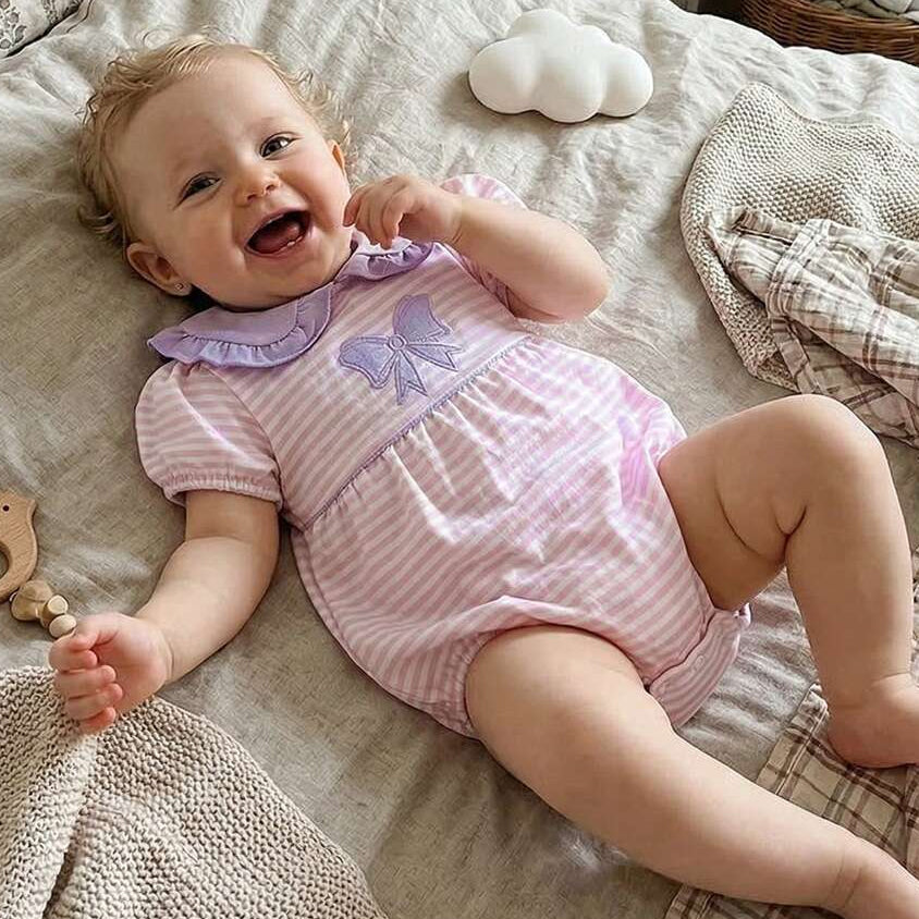 Grace Bow Embroidery Stripe Print Short Sleeve Baby Romper