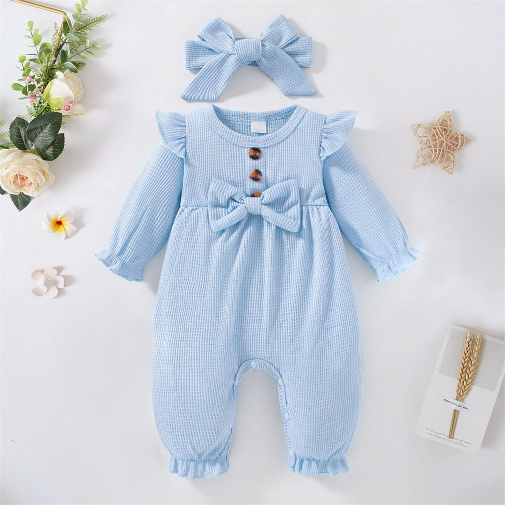 2PCS Comfy Solid Color Bow Long Sleeve Baby Jumpsuit