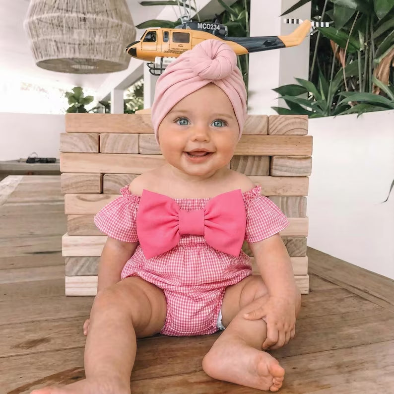 2PCS Grace Plaid Printed Bowknot Decor Baby Romper