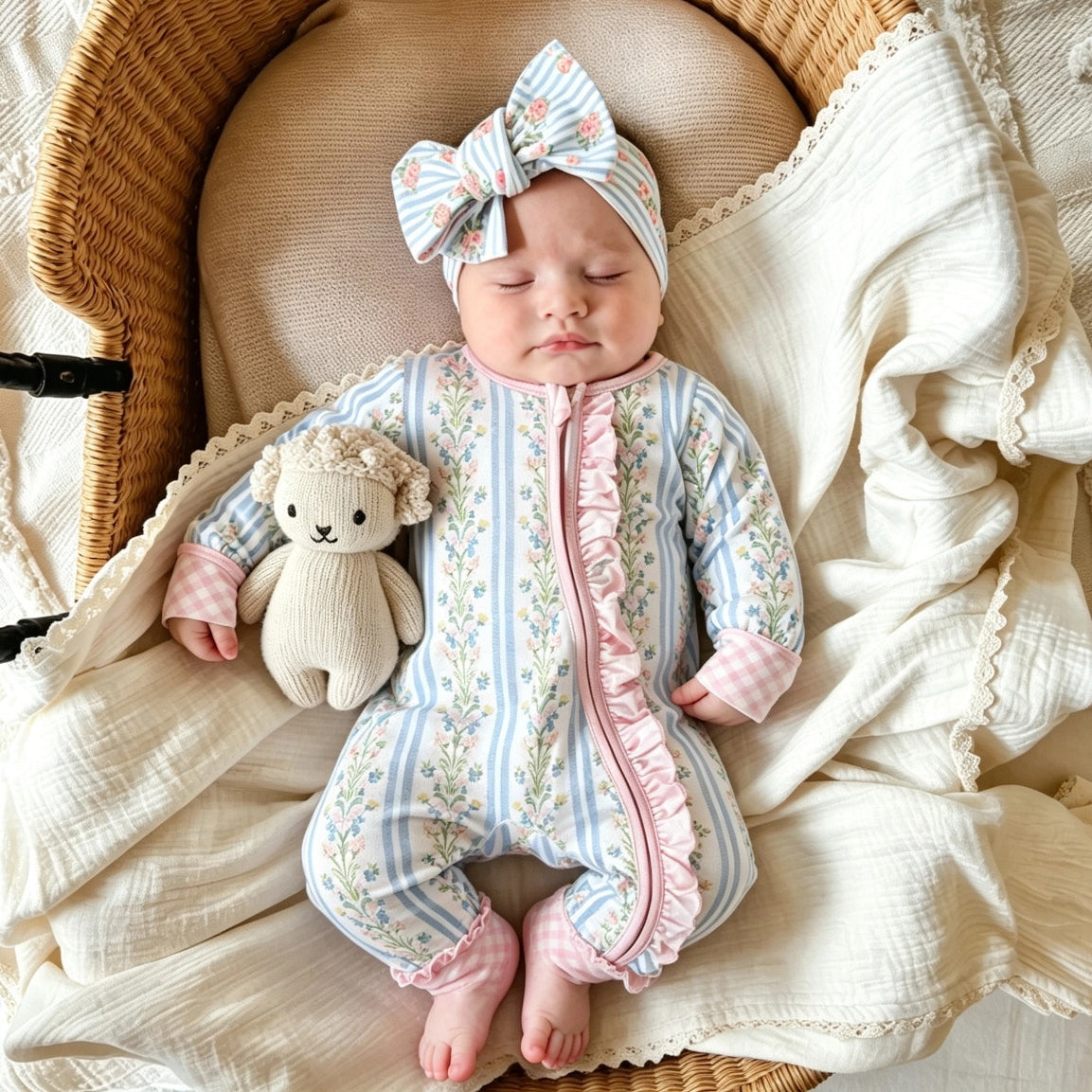 2PCS Vintage Floral and Stripe Print Zipper Long Sleeve Baby Jumpsuit