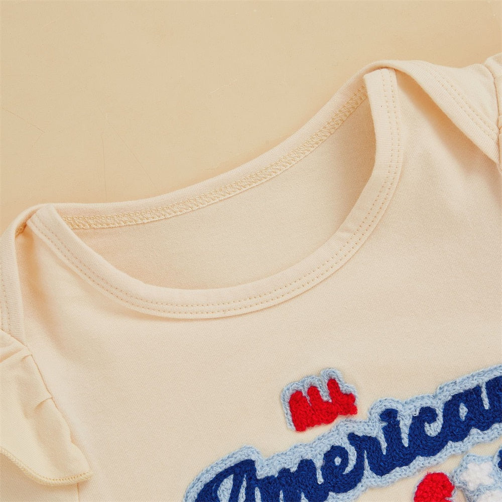 2PCS Letter Embroidery Bow Printed Short Sleeve Baby Set