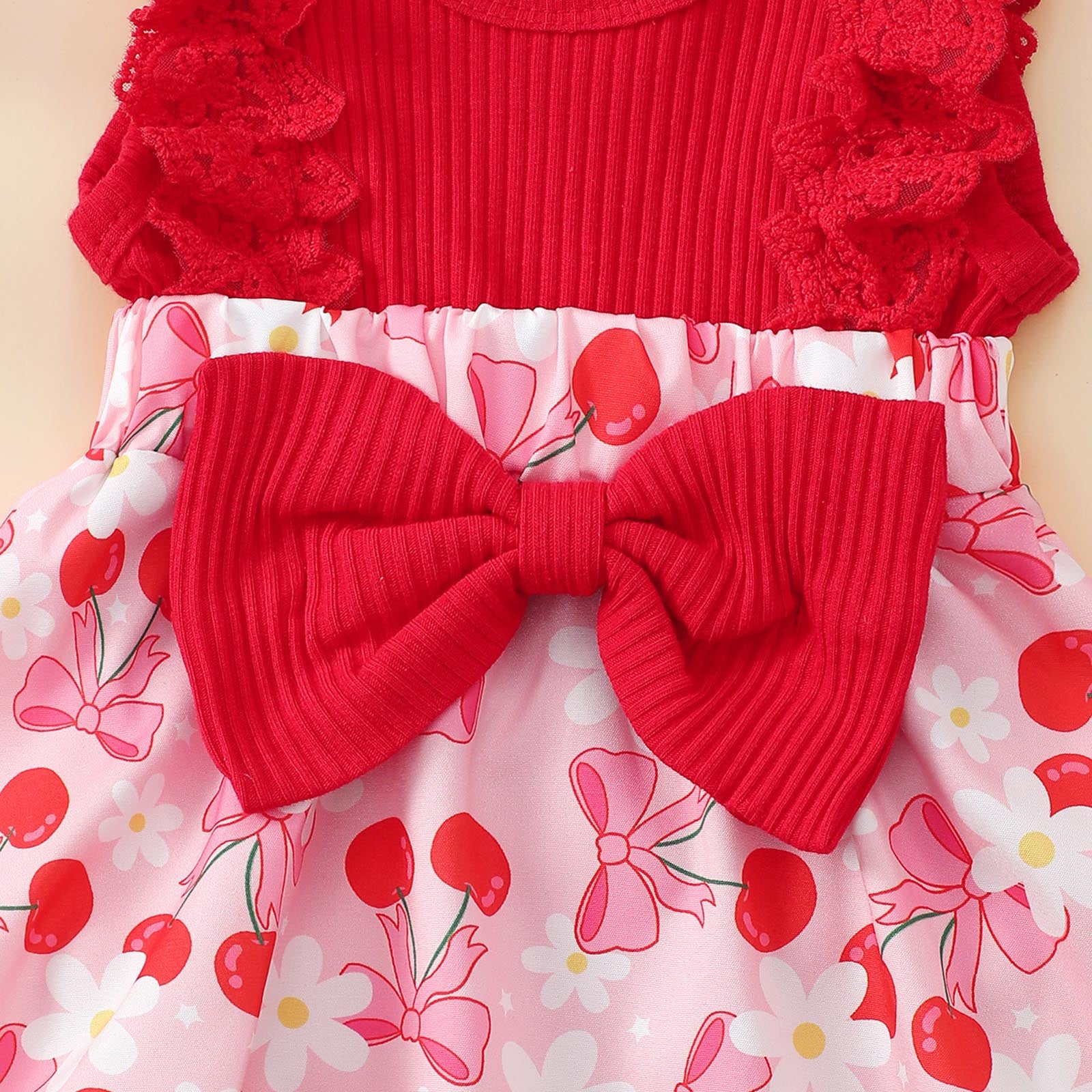 2PCS Cherry Bow Floral Printed Ruffled Sleeveless Baby Romper