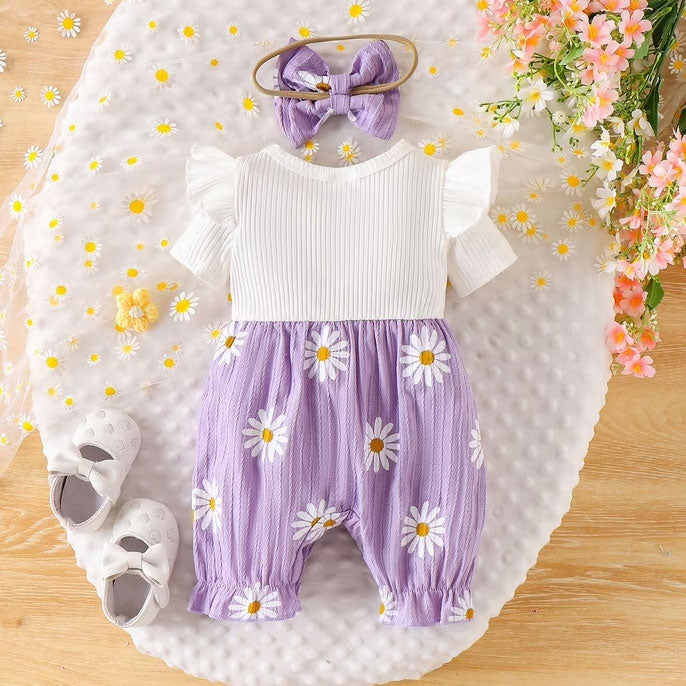 2PCS Lovely Color Block Daisy Print Short Sleeve Baby Jumpsuit