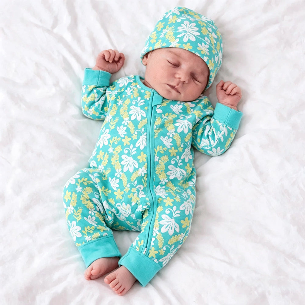 2PCS Vibrant Floral Printed Long Sleeve Zipper Baby Jumpsuit