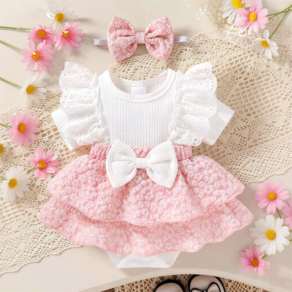 2PCS Cheerful Floral Print Short Sleeve Baby Girl Romper