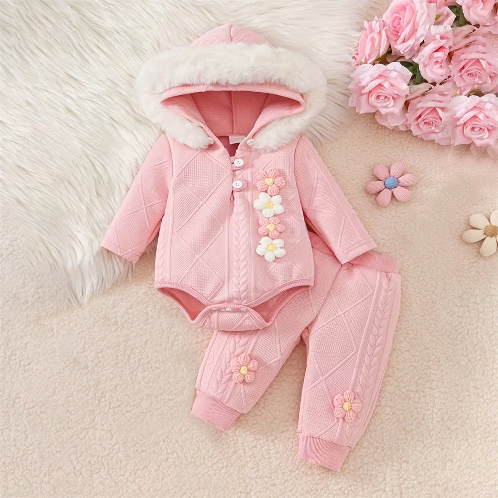 2PCS Pink 3D Floral Print Long Sleeve Hooded Baby Set
