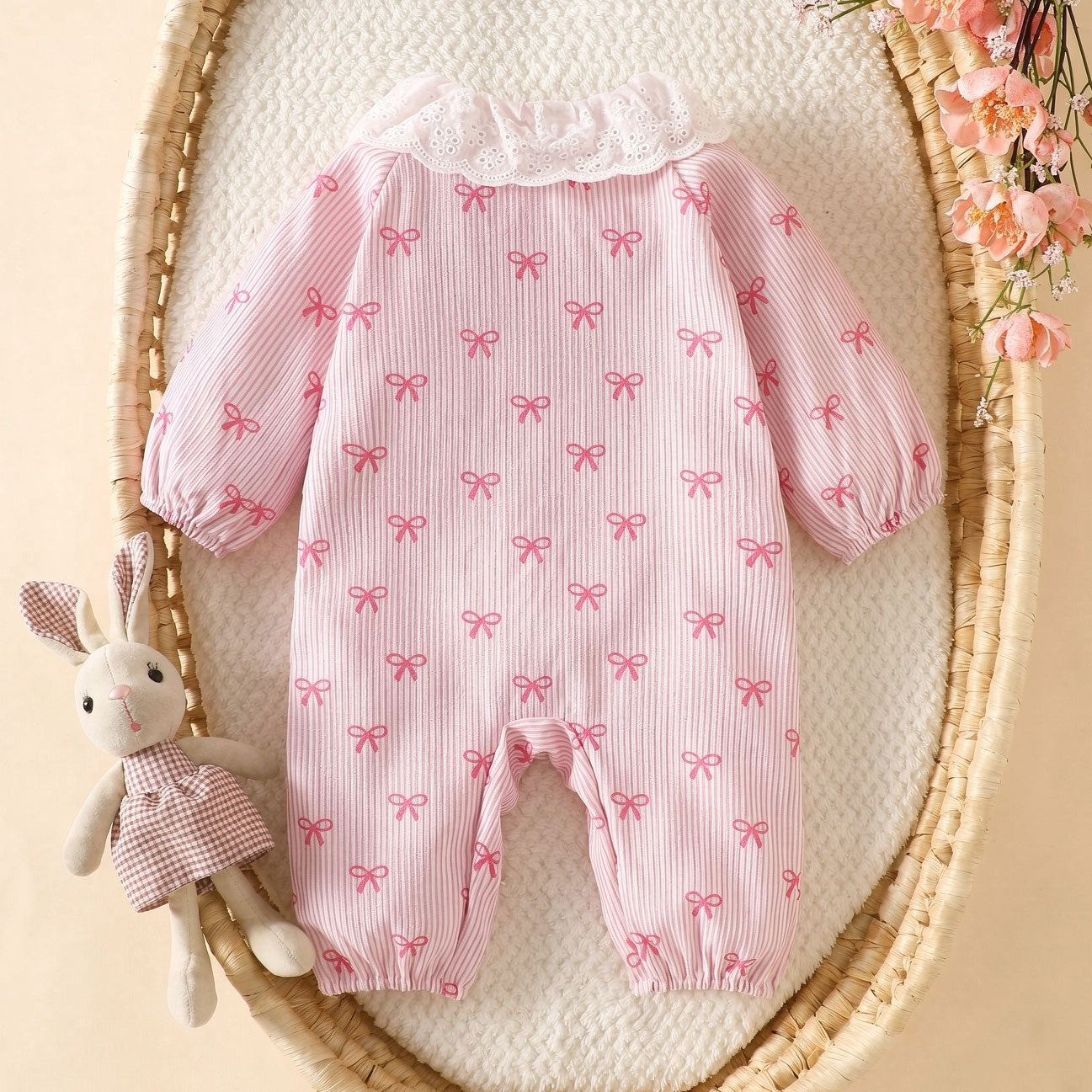 Sweet Bowknot Print Ruffle Long Sleeve Baby Jumpsuit
