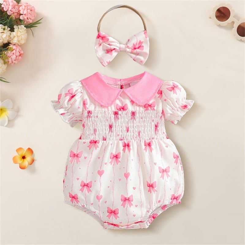 2PCS Bow Printed Polo Collar Short Sleeve Baby Romper