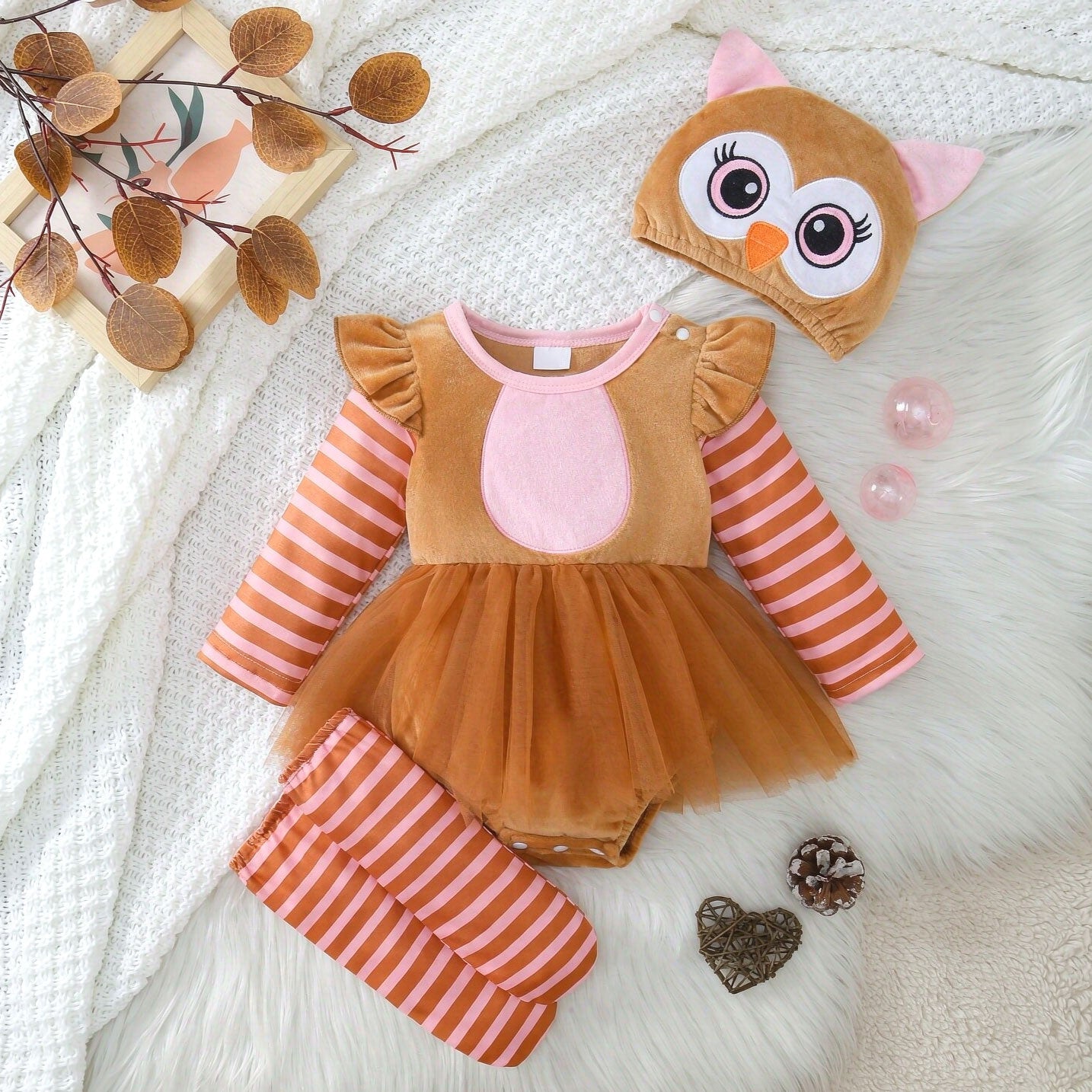3PCS Cute Owl Stripe Printed Long Sleeve Baby Romper