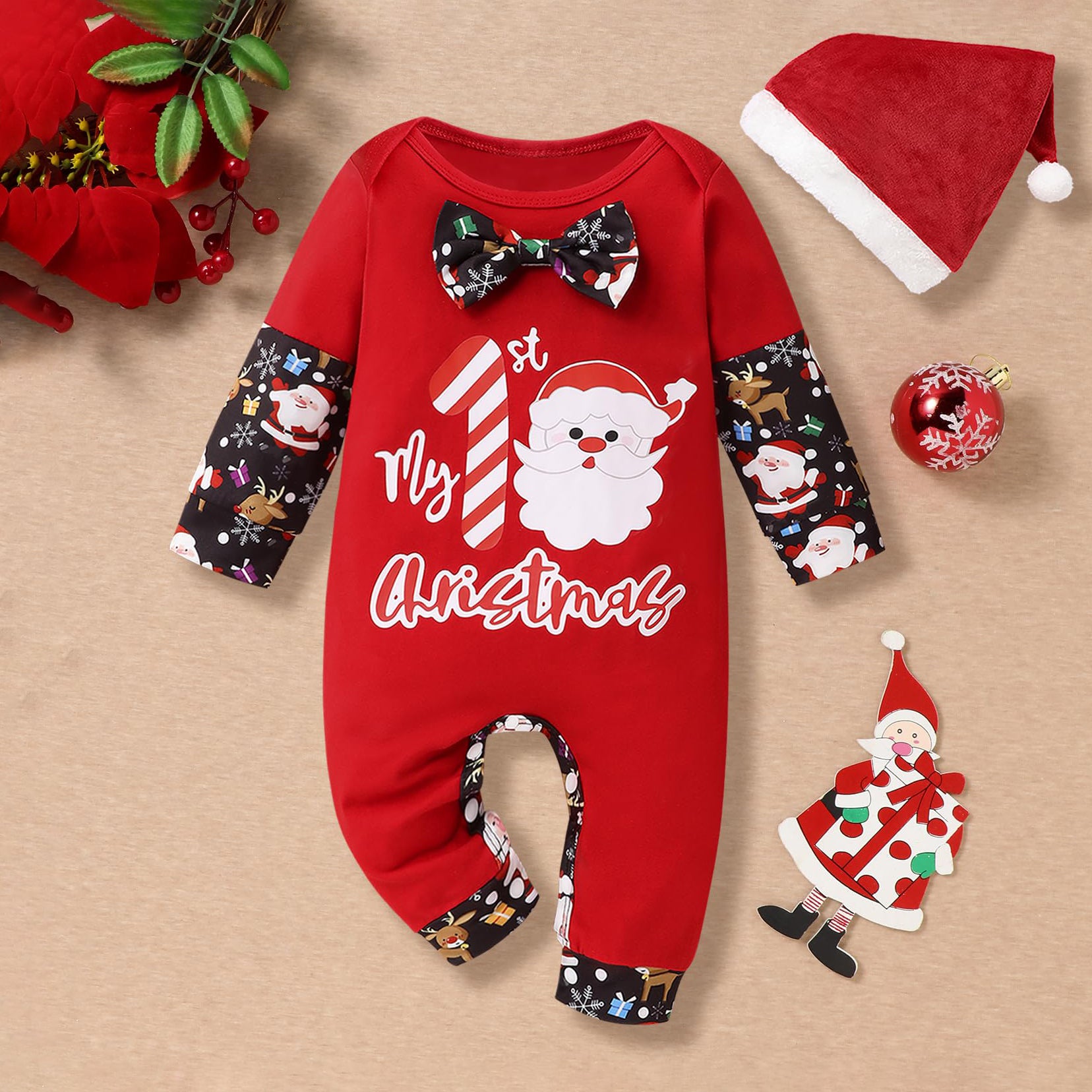 2PCS My 1st Christmas Letter Santa Long Sleeve Baby Jumpsuit