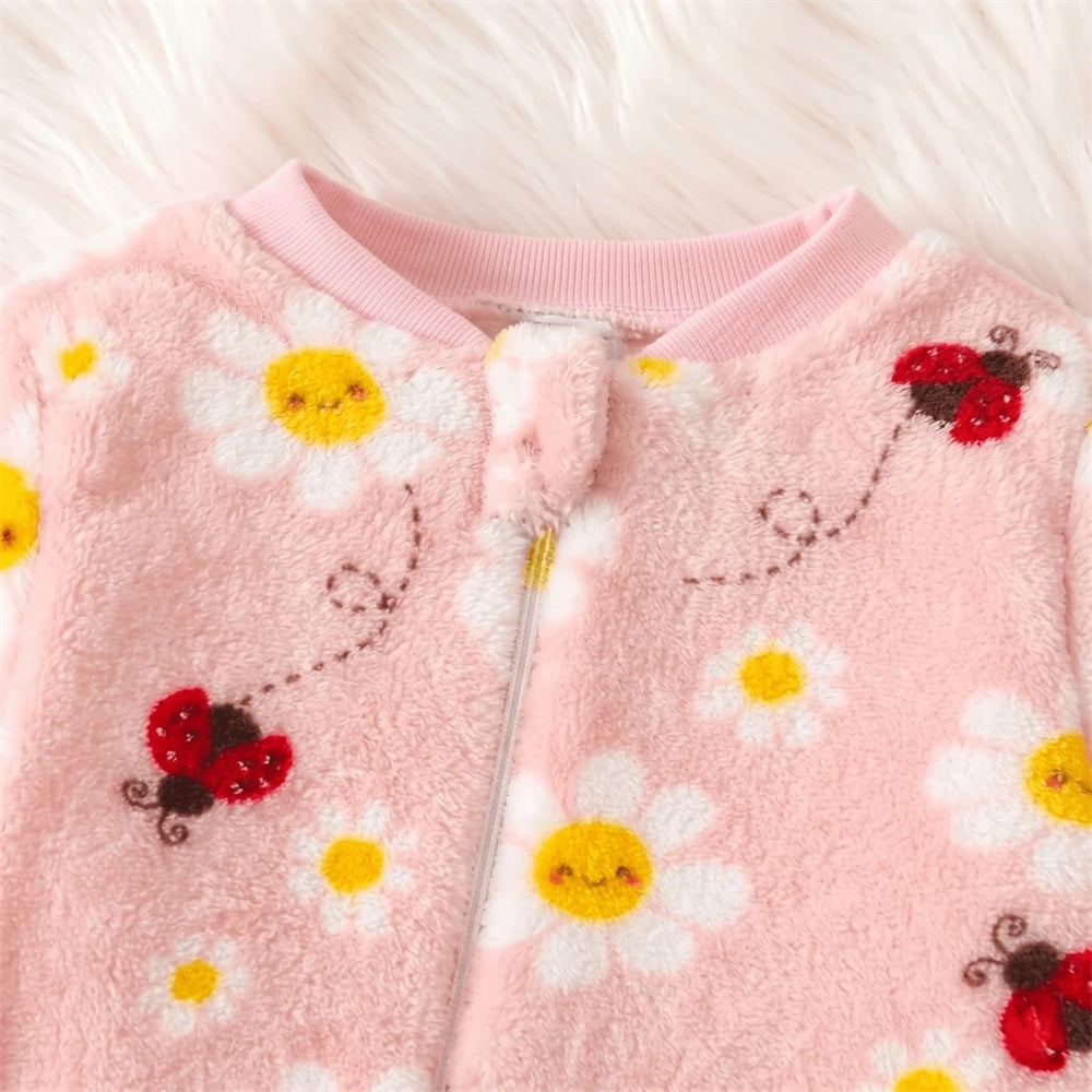 Grace Ladybug Floral Printed Fuzzy Baby Girl Jumpsuit