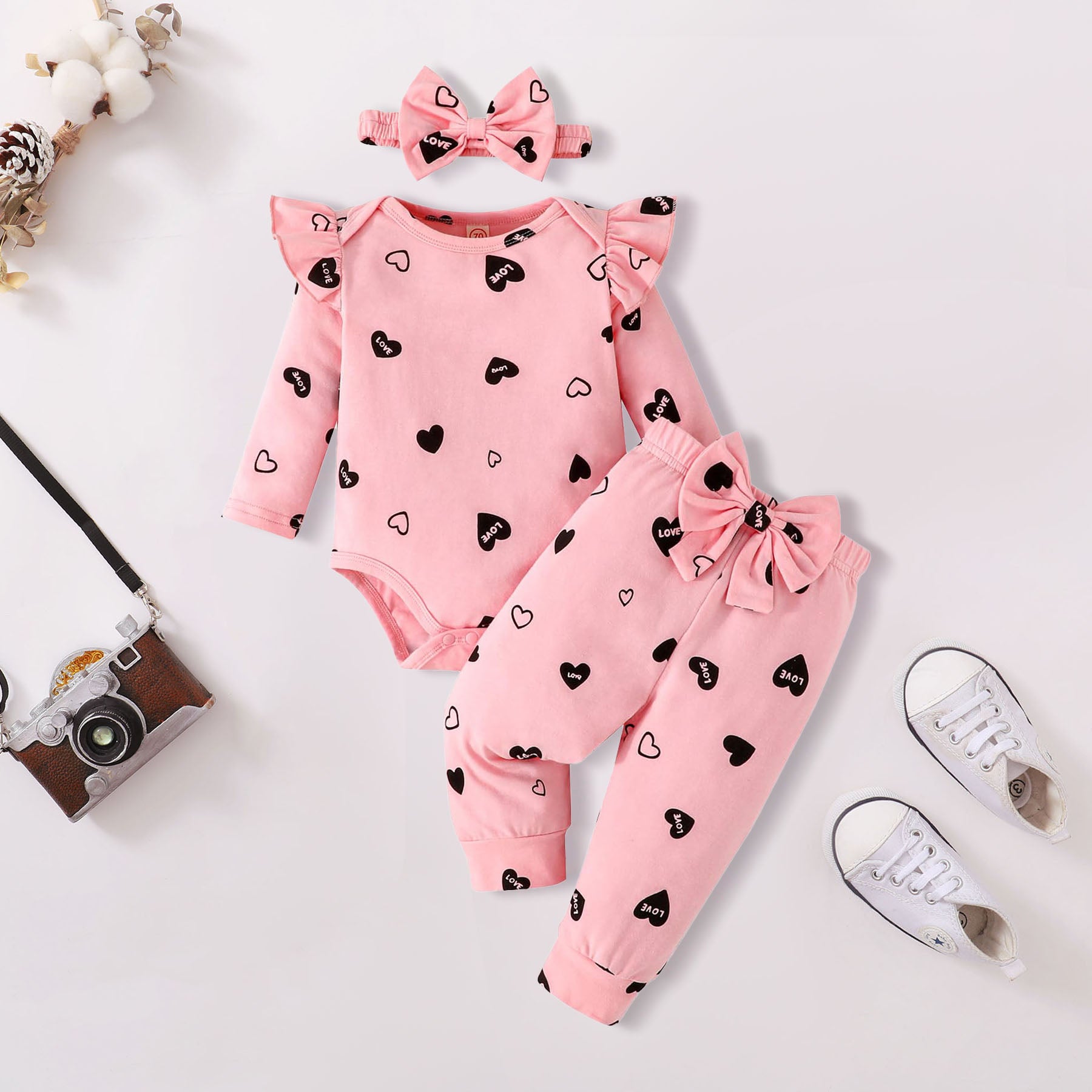 3PCS Allover Heart Print Long Sleeve Baby Set