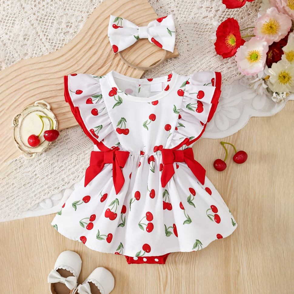 2PCS Elegant Cherry Print Fly Sleeve Baby Romper