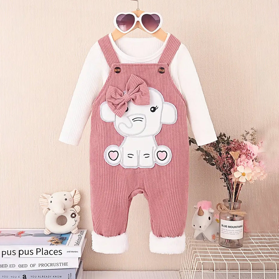 2PCS Cute Elephant Printed Long Sleeve Baby Overalls Set