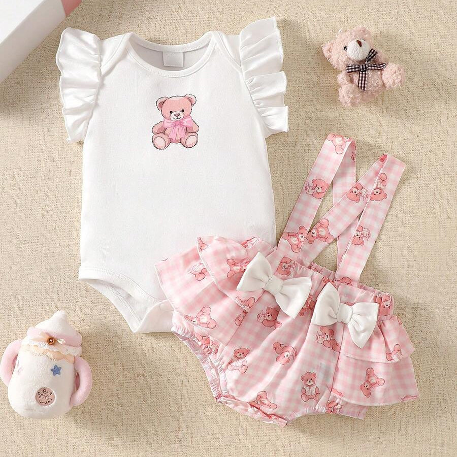 2PCS Gorgeous Bear Print Flounce Sleeve Baby Set
