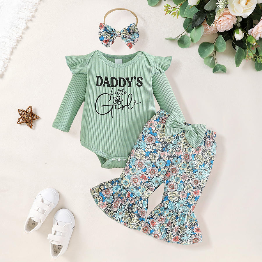 3PCS Daddy's Girl Letter Floral Printed Flare Pants Baby Set