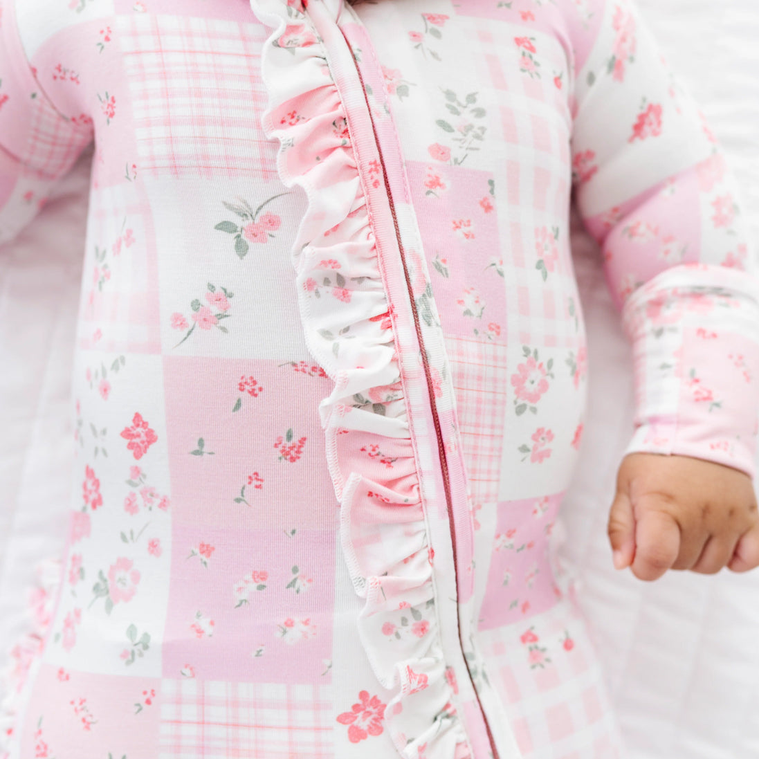 Pink Patchwork Floral Print Ruffle Zipper Long Sleeve Baby Jumpsuit