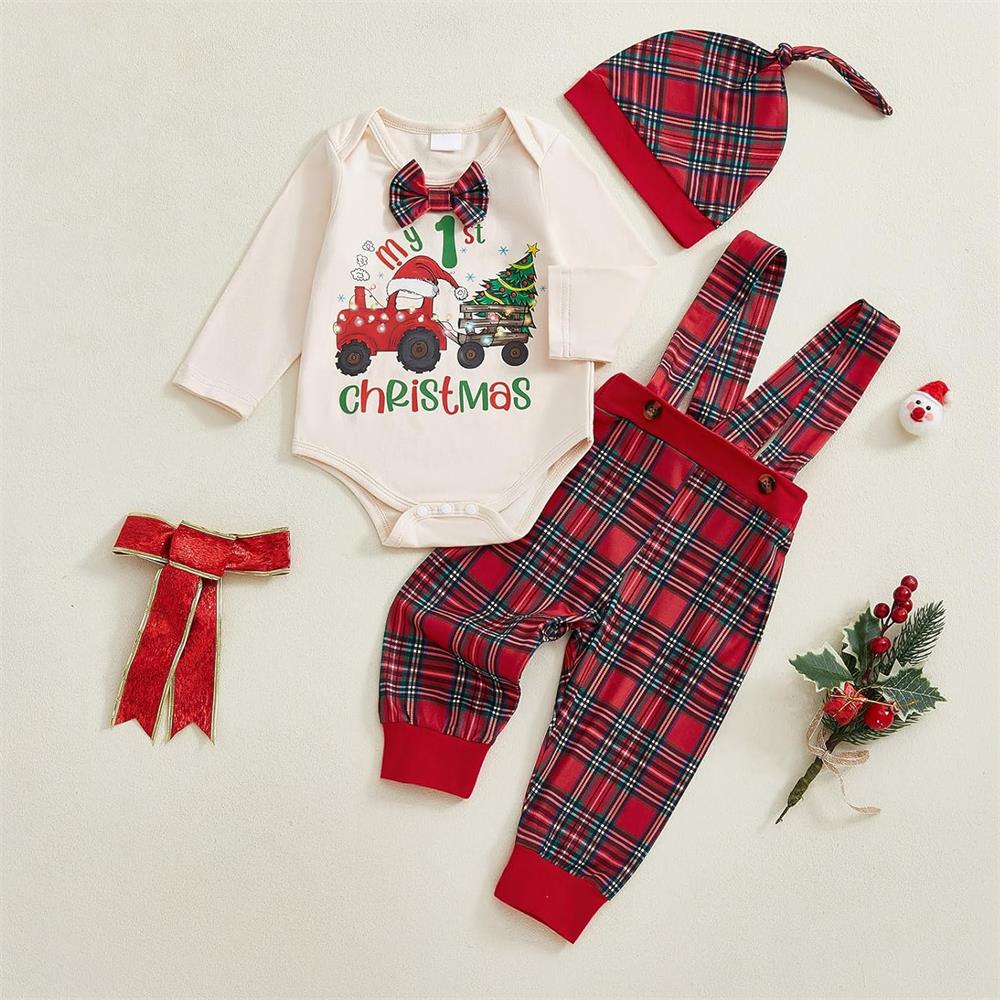 3PCS My 1st Christmas Letter Print Plaid Long Sleeve Baby Set