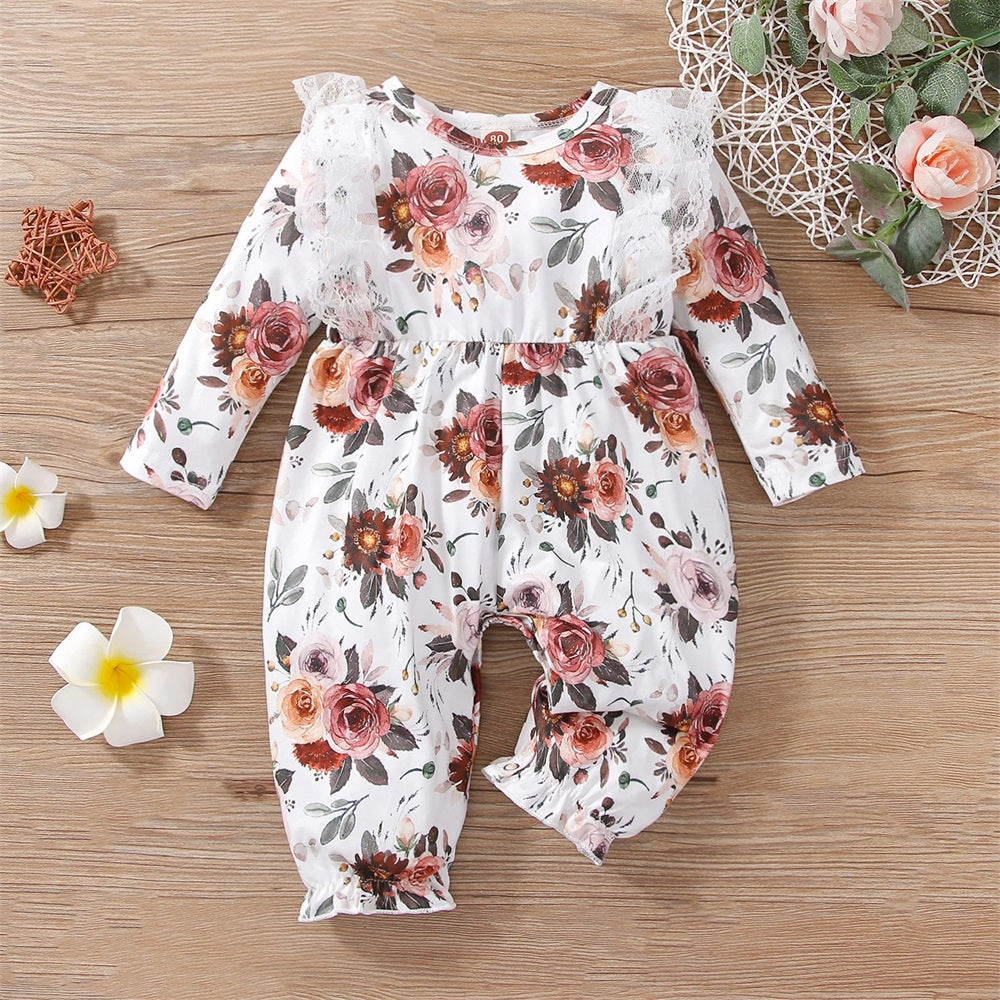 Pretty Floral Print Lace Trim Long Sleeve Baby Jumpsuit