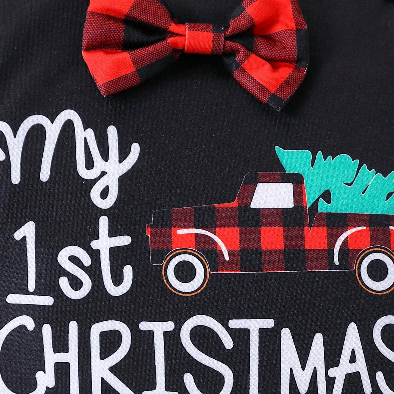 2PCS My 1st Christmas Letter Plaid Printed Bowknot Baby Jumpsuit