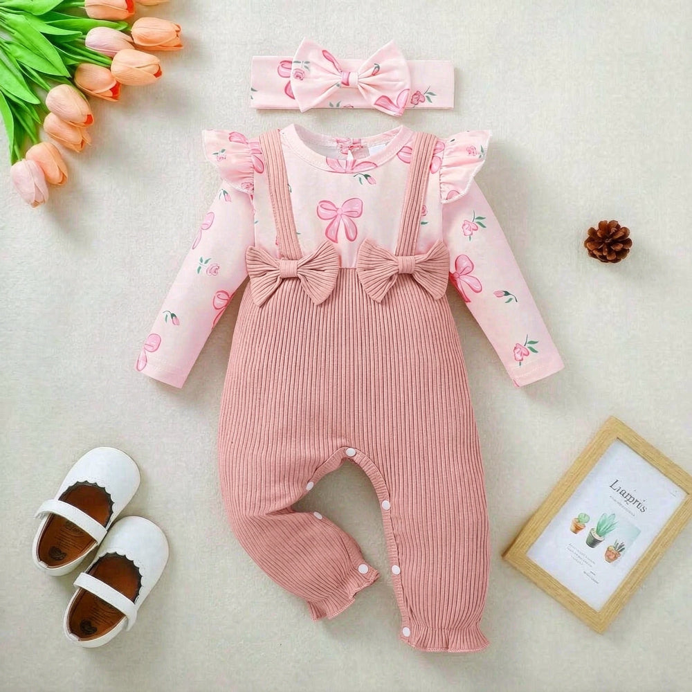 2PCS Pretty Floral Bow Print Ruffle Long Sleeve Baby Jumpsuit