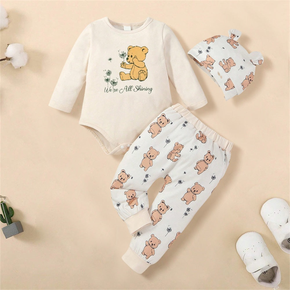 3PCS We're All Shining Letter Bear Print Long Sleeve Baby Set