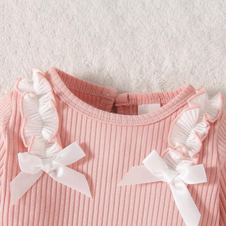 2PCS Sweet Solid Color Bow Long Sleeve Baby Girl Set