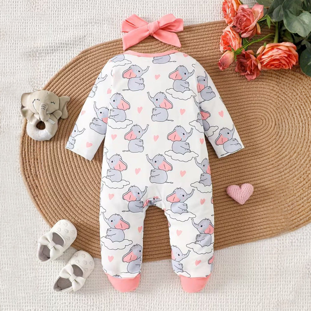 2PCS Elephant Heart Print Long Sleeve Baby Jumpsuit