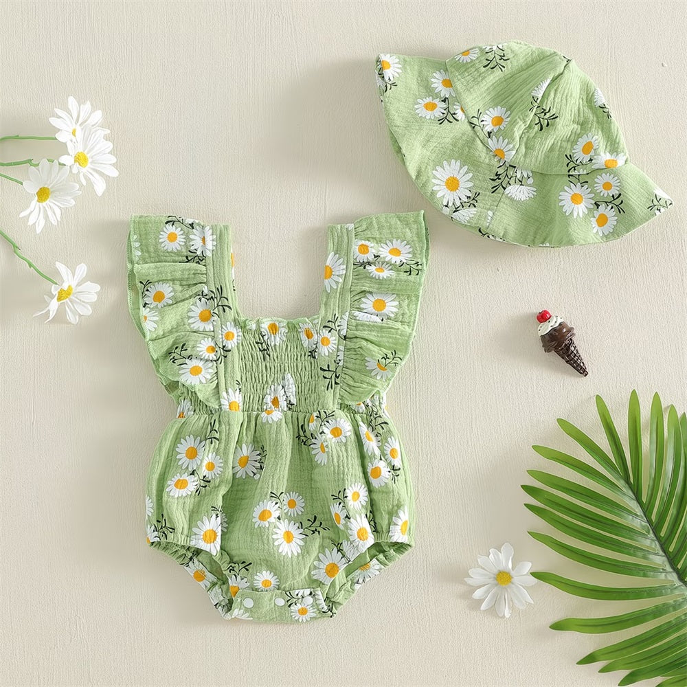 2PCS Cute Daisy Printed Fly Sleeve Baby Romper