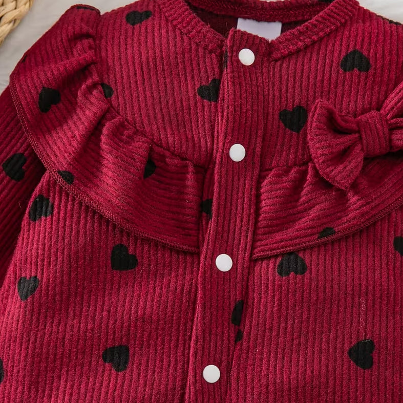 2PCS Lovely Baby Girl Heart Printed Bow Long Sleeve Jumpsuit