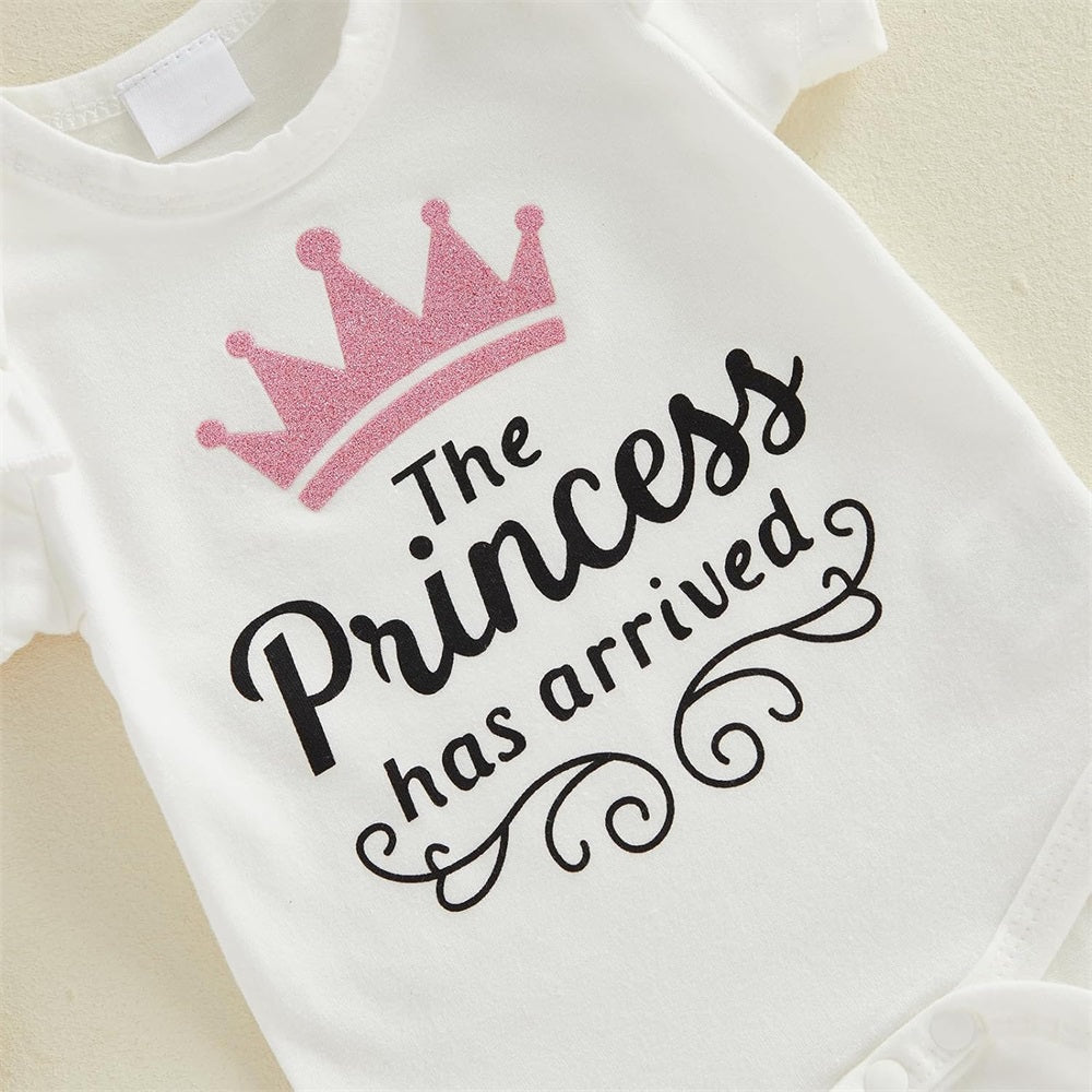 3PCS The Princess Has Arrived Letter Floral Print Short Sleeve Baby Set