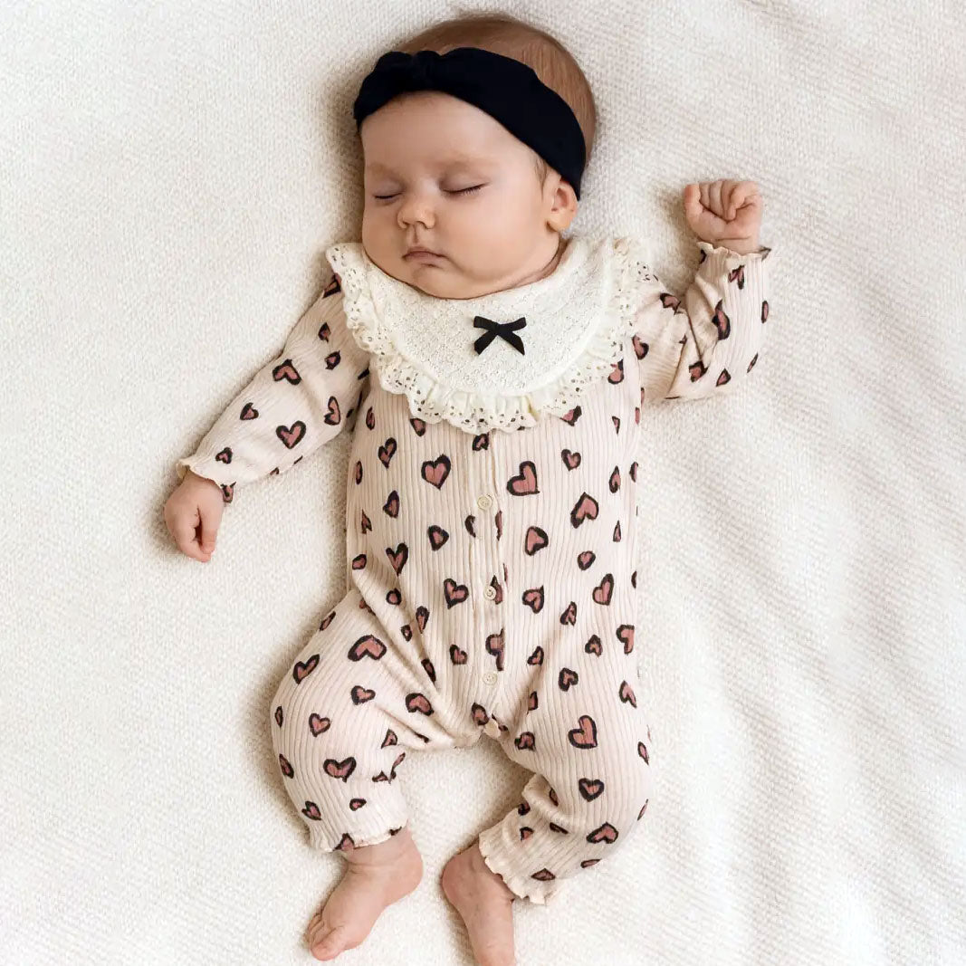 Lovely Heart Printed Lace Eyelet Long Sleeve Baby Girl Jumpsuit
