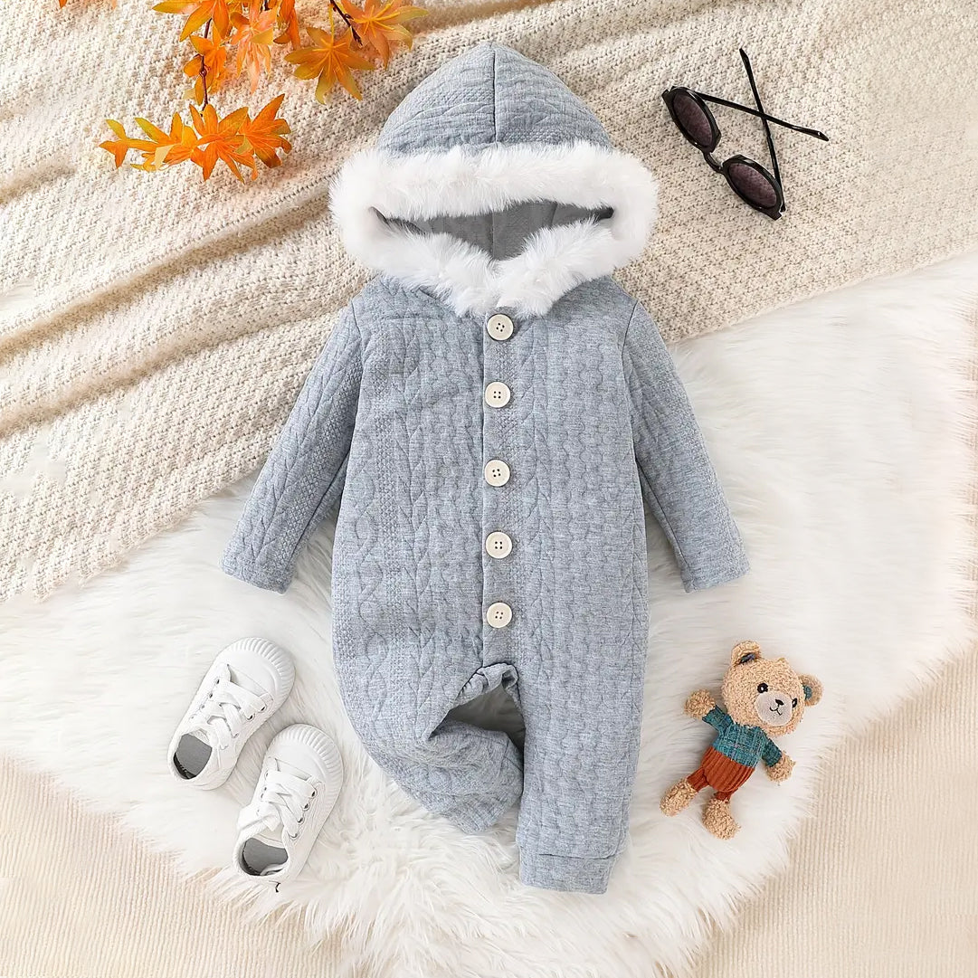 Casual Solid Color Knit Hoodie Long Sleeve Baby Jumpsuit