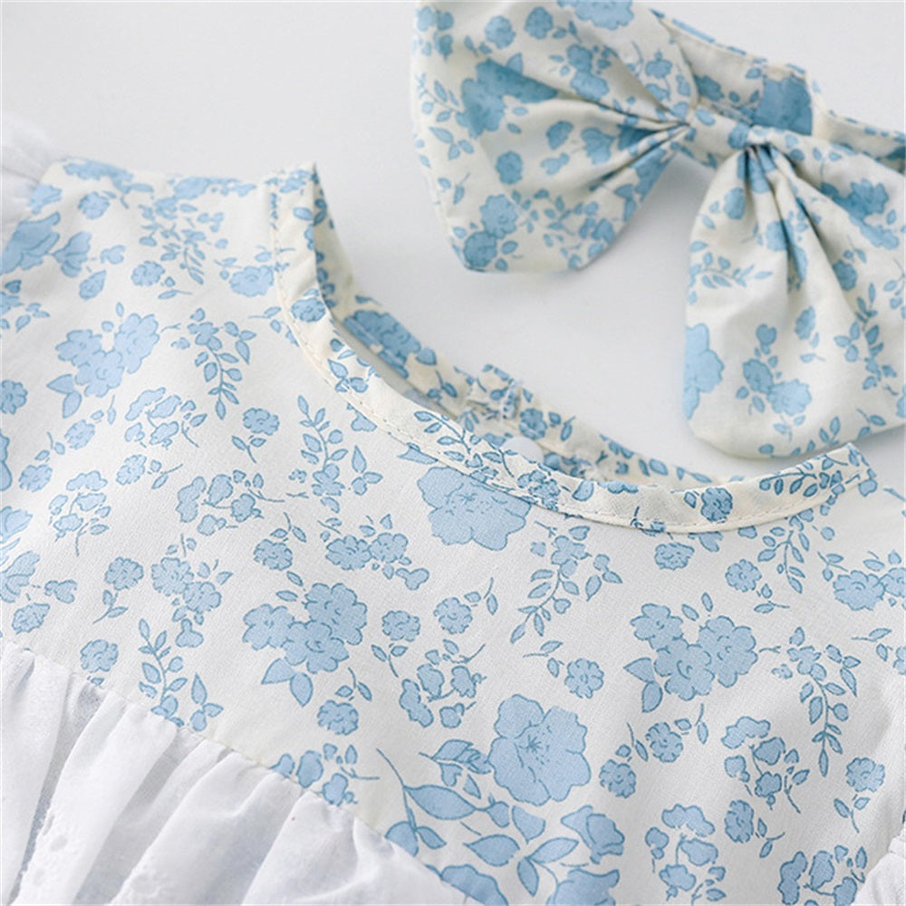 2PCS Cute Floral Printed Ruffled Short Sleeve Baby Romper