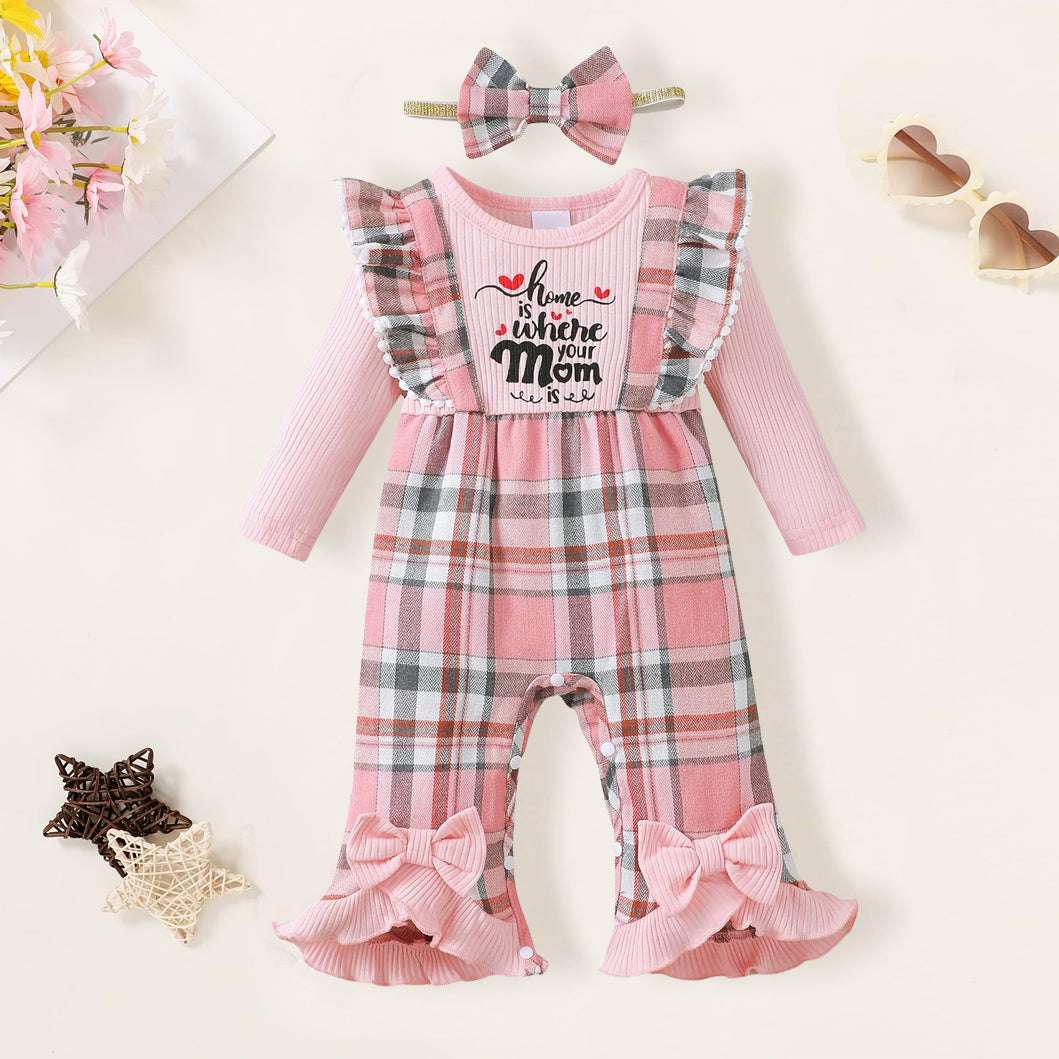2PCS Home Is Where Your Mom Is Letter Plaid Printed Baby Jumpsuit
