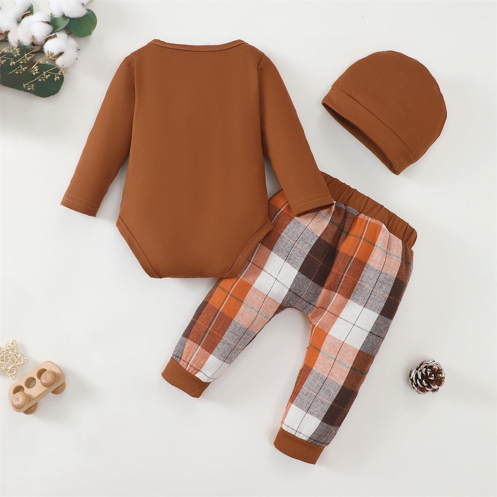 3PCS New To The Crew Letter Print Plaid Baby Set