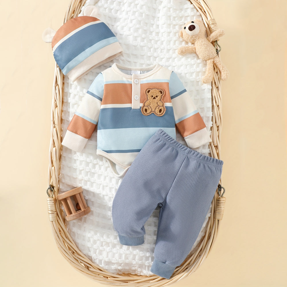 3PCS Bear Stripe Printed Long Sleeve Baby Set