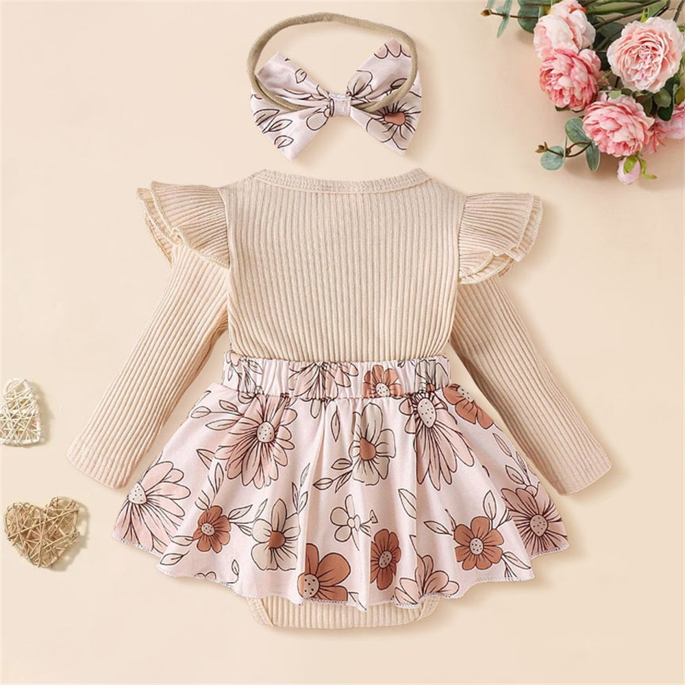 2PCS Pretty Floral Print Long Sleeve Baby Romper