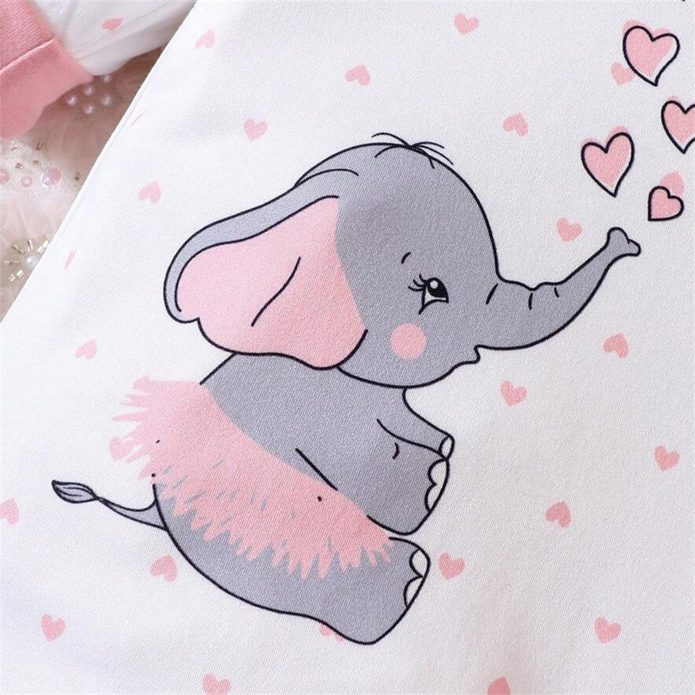 2PCS Perky Elephant Heart Print Long Sleeve Baby Jumpsuit