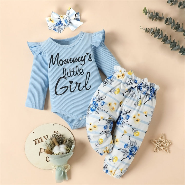 3PCS Mommy's Little Girl Letter Floral Stripe Printed Baby Set