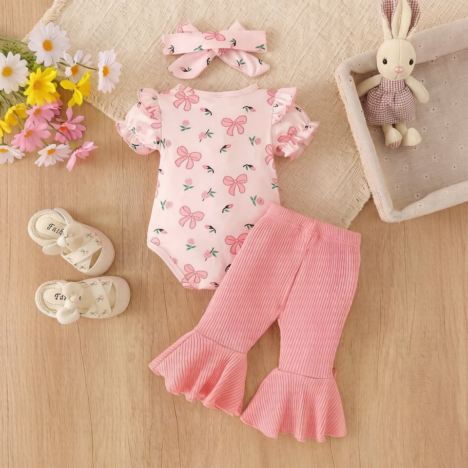 3PCS Chic Bow & Floral Print Short Sleeve Baby Girl Set