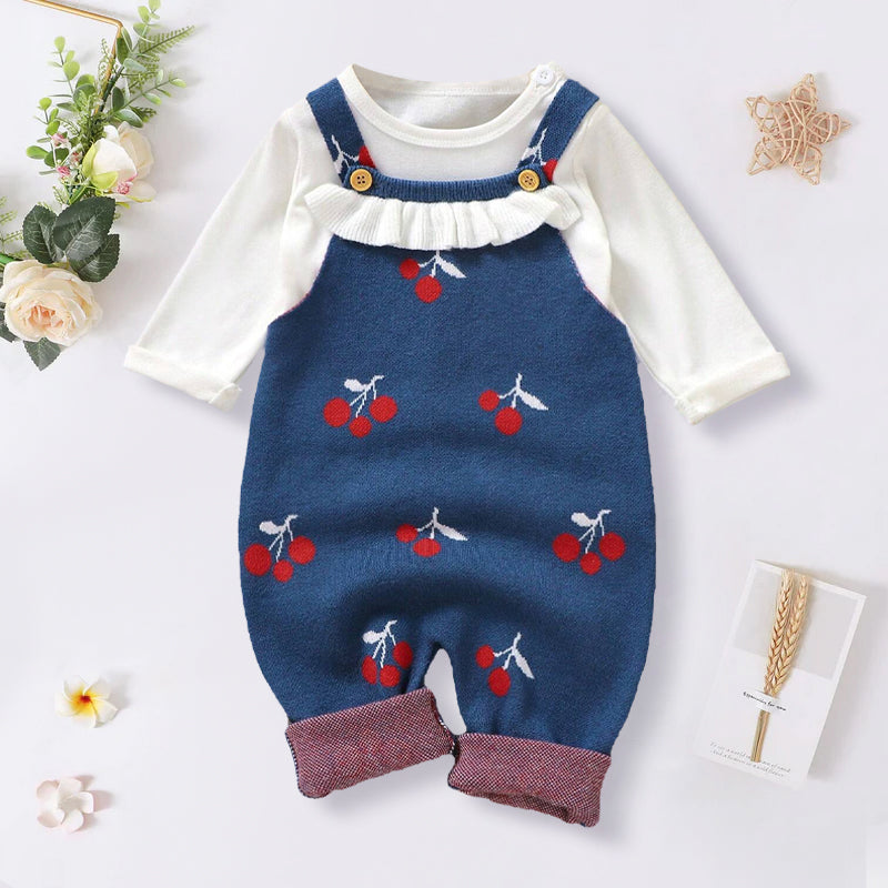 2PCS Lovely Cherry Printed Knit Long Sleeve Baby Overalls Set