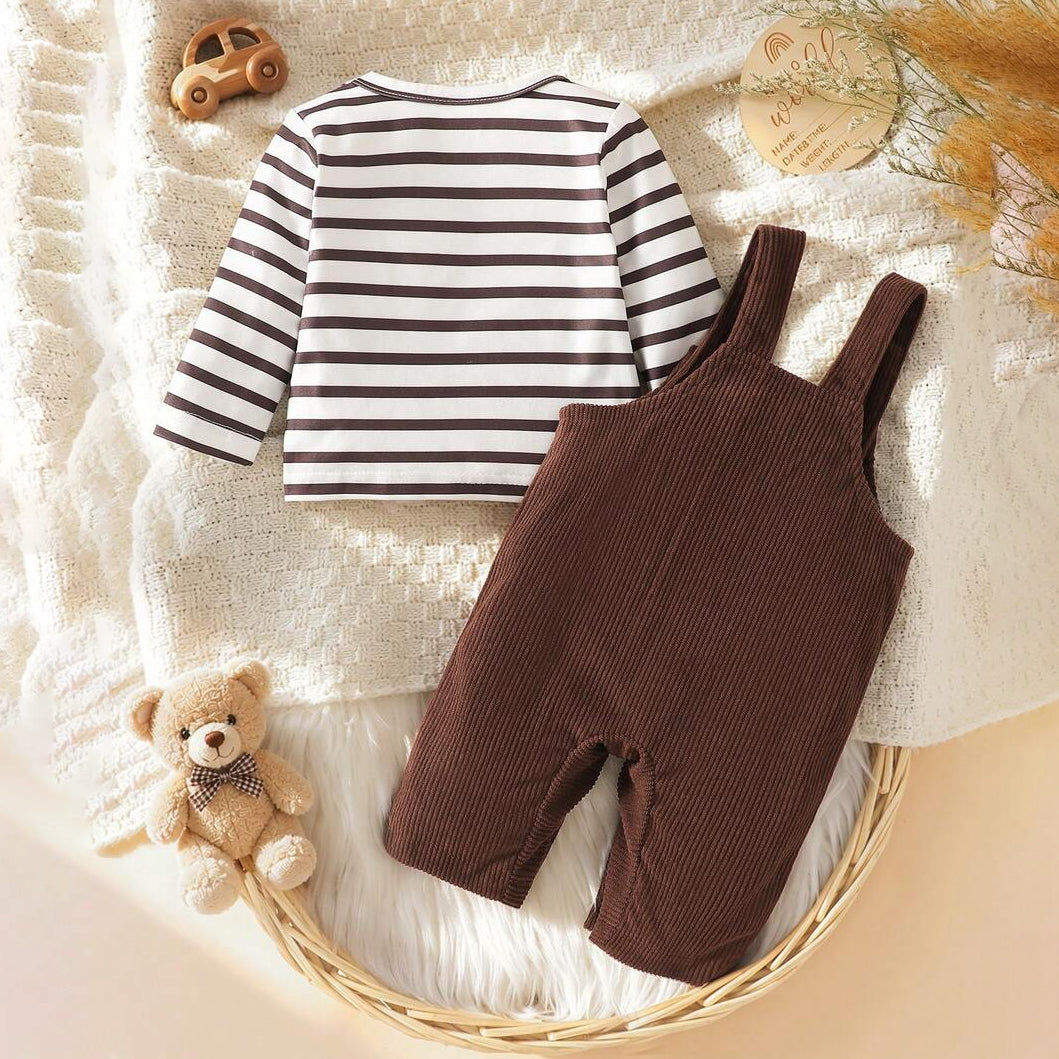 2PCS Mama's Boy Letter Bear Stripe Print Long Sleeve Baby Overalls Set