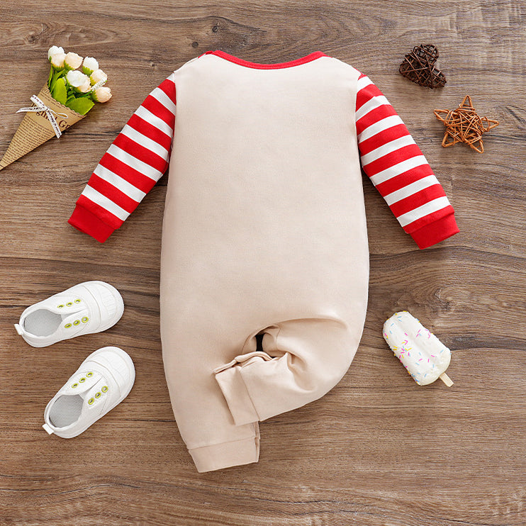 Merry Christmas Santa Claus Letter Stripe Printed Long Sleeve Baby Jumpsuit