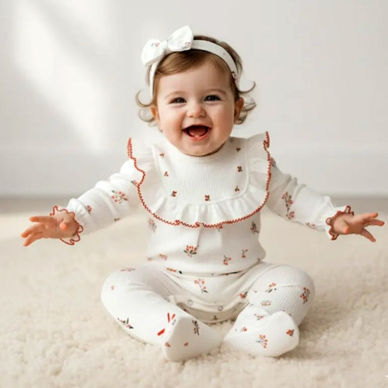 2PCS Sweet Floral Print Ruffled Collar Long Sleeve Baby Jumpsuit