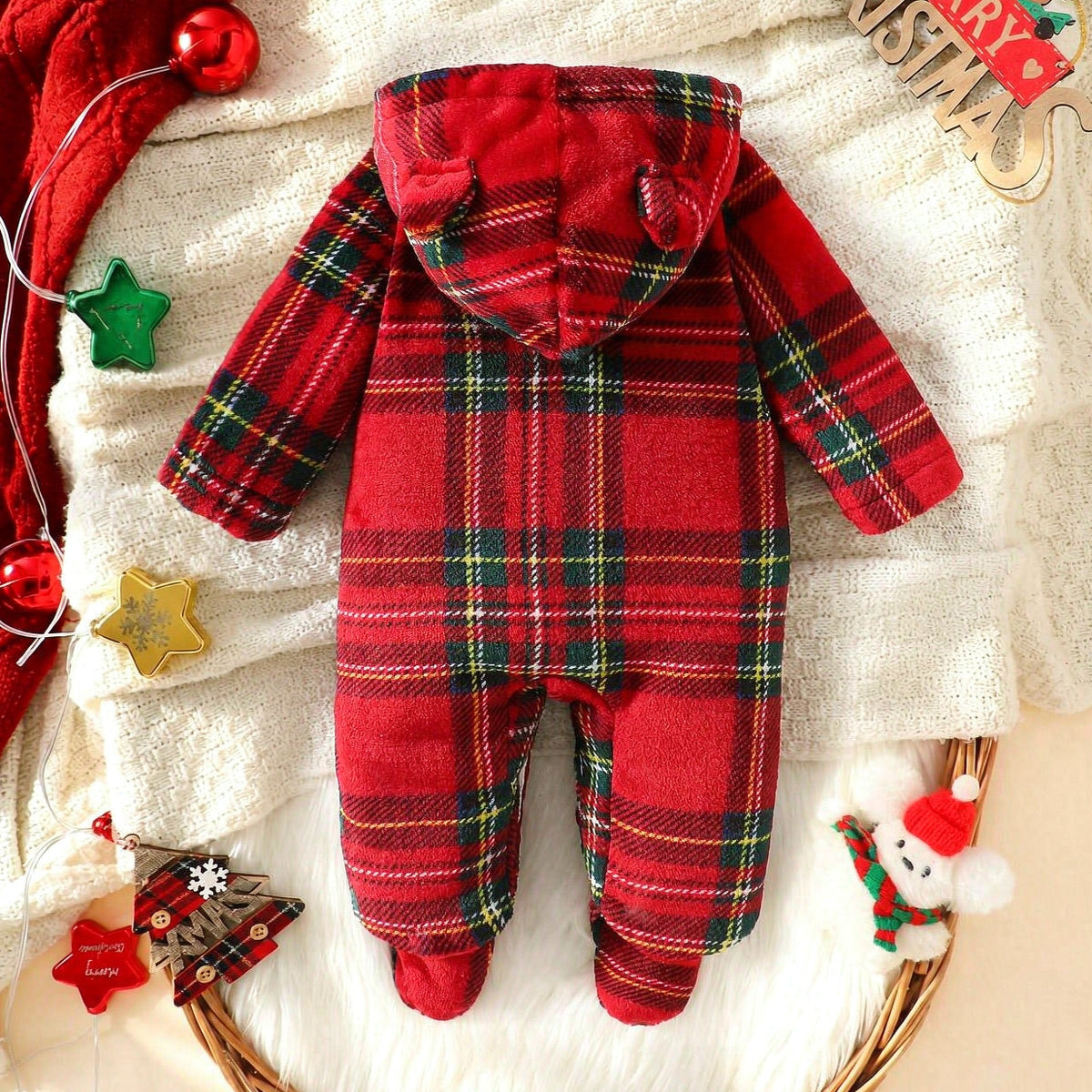 Cute 3D Ear Plaid Printed Long Sleeve Hooded Baby Fleece Jumpsuit