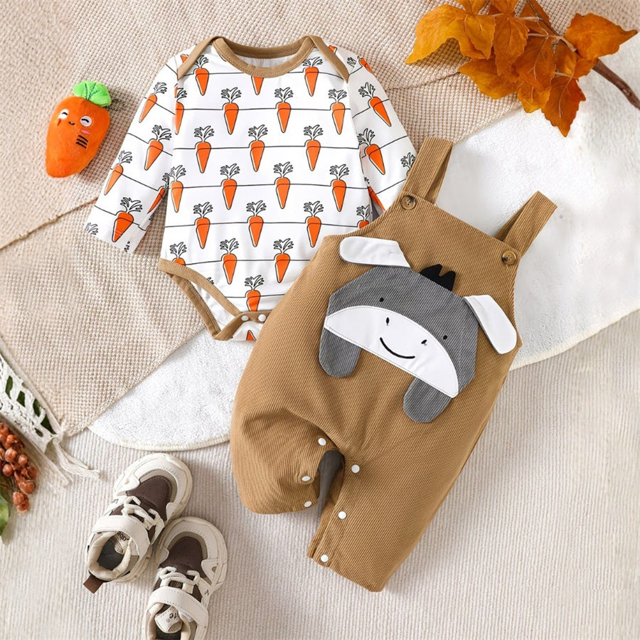 2PCS Three-Dimensional Donkey Carrot Printed Baby Overalls Set