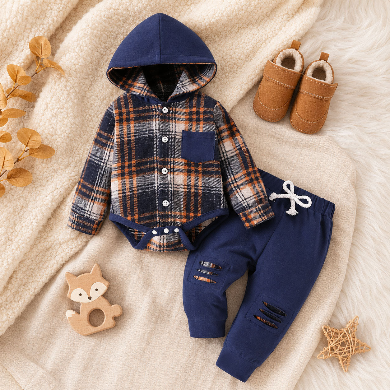 2PCS Comfy Plaid Printed Long Sleeve Hoodie Baby Set