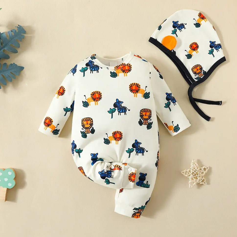 2PCS Cute Animal Printed Long Sleeve Baby Jumpsuit